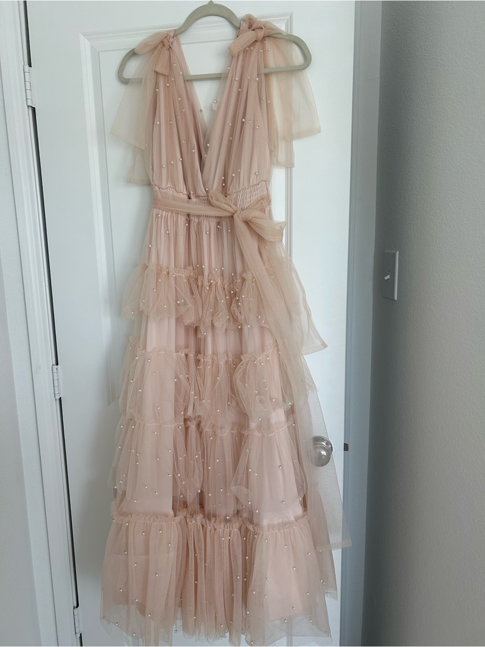 Pearl-Embellished Blush Maxi Tulle Dress